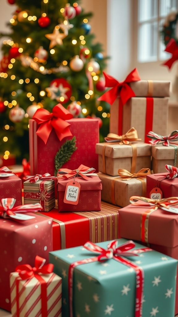 A collection of colorful Christmas gifts wrapped in festive paper with ribbons, placed near a decorated Christmas tree.